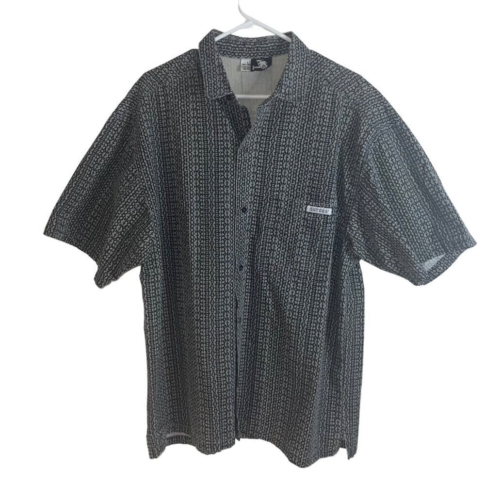 Gotcha Vintage Mens Shirt Size Large Gray Spell Out Print Short Sleeve Button Up